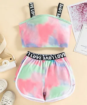 Kookie Kids Sleeveless Tie & Dye Print Top & Shorts - Pink & Blue