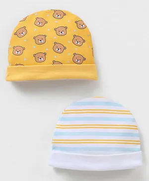 Babyhug 100% Cotton Striped & Teddy Printed Caps Pack of 2 - Yellow & Blue