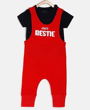 Chayim Short Sleeves Dad's Bestie Placement Printed Low Crotch Dungaree Set - Classic Navy Blue & True Red