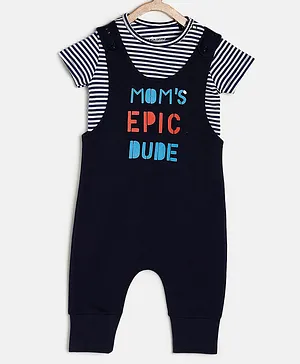 Chayim Short Sleeves Mama's Epic Dude Placement Printed & Striped Low Crotch Dungaree Set - Royal Blue & Navy Blue