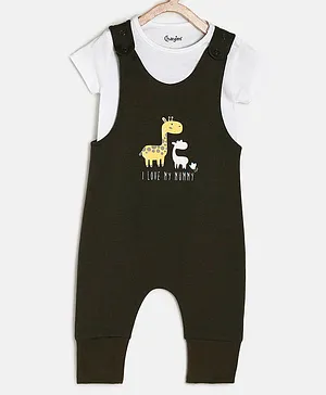 Chayim Short Sleeves I Love My Mummy Giraffe Placement Printed Low Crotch Dungaree Set - White & Jungle Green