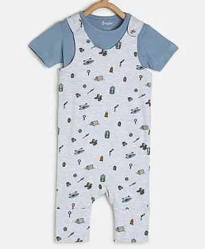 Chayim Short Sleeves  Explorer & Traveller Theme Printed Low Crotch Dungaree Set - Steel Blue