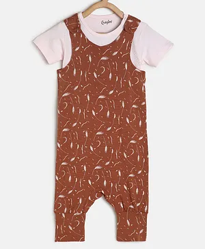 Chayim Short Sleeves Leaves Printed Low Crotch Dungaree Set - Red & Pink