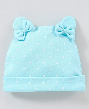 Babyhug 100% Cotton Cap With Bow Applique Dot Print- Blue