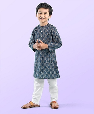 Babyhug 100% Cotton Woven Full Sleeves Kurta with Payjama Set Leaf Print - Grey