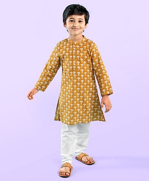 Babyhug 100% Cotton Woven Full Sleeves Kurta with Pyjama Set Floral Print - Mustard