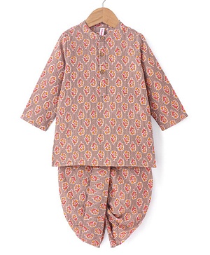 Babyhug 100% Cotton Full Sleeves Dobby Printed Kurta with Printed Dhoti Set - Beige