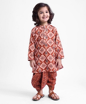 Babyhug 100% Cotton Woven Full Sleeves Kurta With Dhoti Diamond & Floral Print - Maroon Babyhug 100% Cotton Woven Full Sleeves Kurta With Dhoti Diamond & Floral Print - Maroon