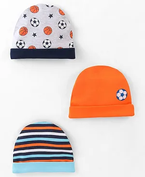 Babyhug 100% Cotton Caps Football Printed Pack of 3 Multicolor - Diameter 10 cm