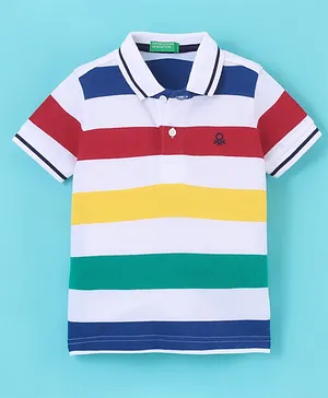 UCB Cotton Half Sleeves Striped Polo T-Shirt - White