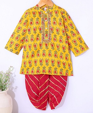 Babyhug 100% Cotton Woven Full Sleeves Floral Print Embroidered Kurta & Dhoti Set - Yellow