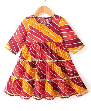 Babyhug Cotton Woven Three Fourth Sleeves Tiered Ethnic Dress  Leheriya Printed  - Yellow & Pink