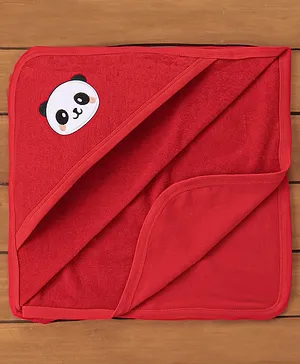 Babyhug Knit Terry Embroidered Hooded Towel Panda Face Print - Red