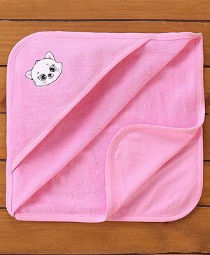 Babyhug Knit Terry Embroidered Hooded Towel Kitten Face Print - Pine
