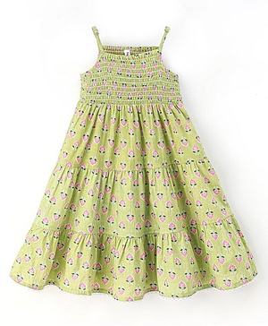 Babyhug 100% Cotton Sleeveless Smocked Tiered Ethnic Dress Floral Print- Green Babyhug 100% Cotton Sleeveless Smocked Tiered Ethnic Dress Floral Print- Green