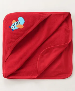 Babyhug Knit Terry Solid Color Airplane Embroidered Hooded Towel - Red