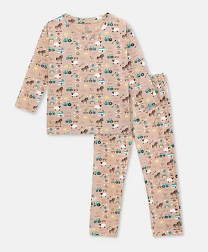 Cuddles for Cubs 100% Super Soft Cotton Full Sleeves Farm Theme Printed Pajama Set - Khaki