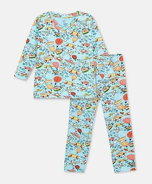 Cuddles for Cubs 100% Super Soft Cotton Full Sleeves Sky Theme Airplane Bus Car Printed Pajama Set - Blue