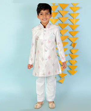 KID1 Full Sleeves Self Design Sherwani With Pyjama - Blue
