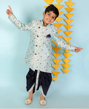 KID1 Full Sleeves Embroidered Ethnic Motif Sherwani & Dhoti Set - Blue