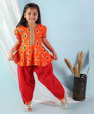 KID1 Half Puffed Sleeves Ikat Design Peplum Style Kurta With Afghani Salwar Set  - Orange