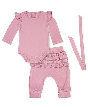 Baby Moo Full Sleeve With Ruffled Shoulder Ribbed Onesie Set - Pink