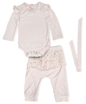 Baby Moo Full Sleeve With Ruffled Shoulder Ribbed Onesie Set - Cream