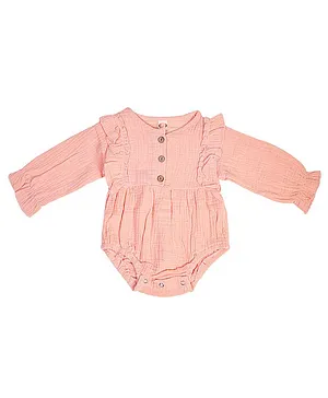 Baby Moo Full Sleeve Ruffled Shoulder Self Design Onesie - Peach