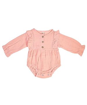 Baby Moo Full Sleeve Ruffled Shoulder Self Design Onesie - Peach