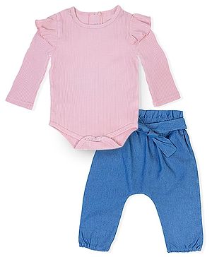 Baby Moo Full Sleeve With Ruffled Shoulder Striped Self Design Onesie Set -  Pink & Blue