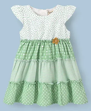 Orrigany Cotton Knit Cap Sleeves Floral Print Frock with Applique - Green
