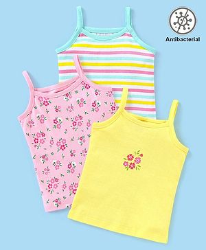 Babyhug 100% Cotton Sleeveless Antibacterial Slips Floral Print Pack of 3 - Yellow & Pink