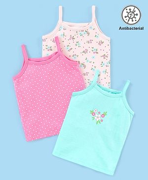 Babyhug 100% Cotton Sleeveless Antibacterial Slips Floral Print Pack of 3 - Pink Beige & Blue