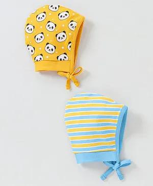 Babyhug  100 % Cotton Panda Face Print Caps Pack of 2 - Yellow & Blue