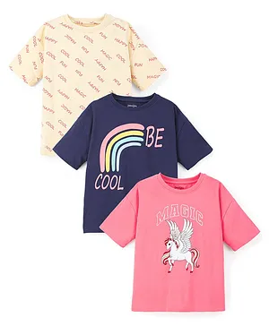 Primo Gino 100% Cotton Half Sleeves Unicorn Print Drop Shoulder T-Shirts Pack Of 3 - Multicolor