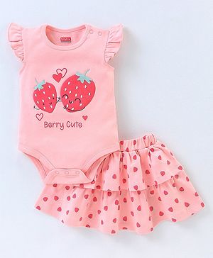 Babyhug 100% Cotton Short Sleeves Onesie with Skirt Strawberry Print - Pink
