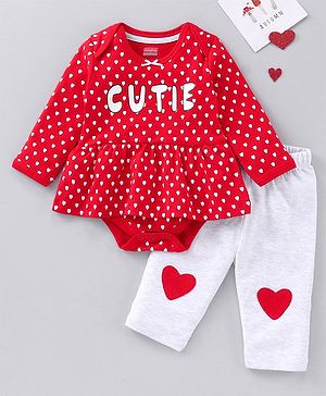 Babyhug Cotton Full Sleeves Onesie with Full Length Leggings Hearts & Text Print- Red & White