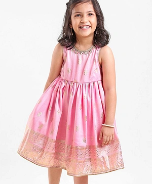 Babyhug Sleeveless Foil Print With Princess Cut Ethnic Dress  - Pink