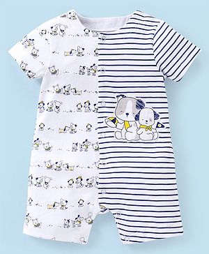Babyhug 100% Cotton Half Sleeves Romper Striped & Puppy Applique - White