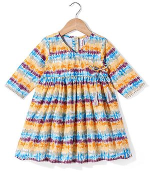 Babyhug 100% Cotton Three Fourth Sleeves Angarakha Ethnic Dress Tie Dye Print- Off White