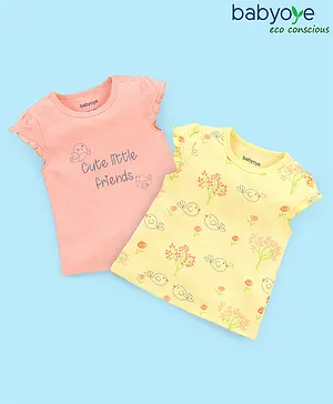 Babyoye Eco Conscious 100% Organic Cotton Eco Jiva  Half Sleeves Tee Text & Bird Print Pack of 2- Yellow & Pink