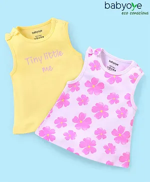 Babyoye Eco-Conscious 100% Cotton Eco Jiva Sleeveless Tee Text and Floral Print Pack of 2 - Yellow & Pink