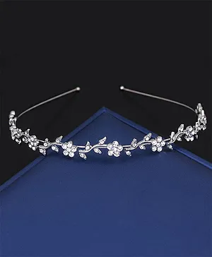 Yellow Chimes Silver Plated Crown Leaf Floral Design Crown Tiara - Silver