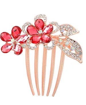 Yellow Chimes Crystal Studded Floral Design Comb Pin - Red