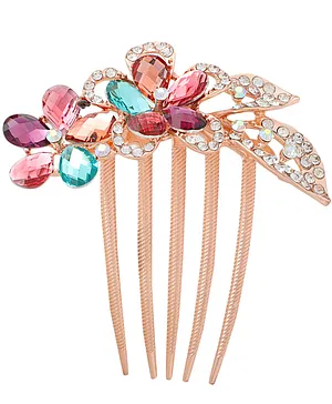 Yellow Chimes Crystal Studded Floral Design Comb Pin - Golden Multicolor