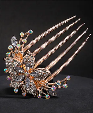 Yellow Chimes Crystal Studded Floral Design Comb Pin - Rose Gold