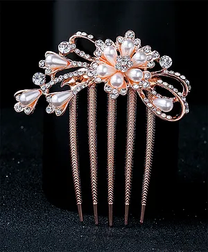 Yellow Chimes Crystal Studded Floral Design Comb Pin - Rose Golden