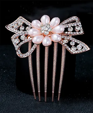 Yellow Chimes Crystal Studded Bow And Floral Design Comb Pin -Rose Golden
