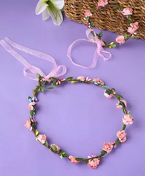 Yellow Chimes Set Of 2 Bridesmaid Floral Tiara With Coordinating Wristband - Pink