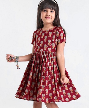 Babyhug Woven Half Sleeves Ethnic Dress Floral Print - Magenta